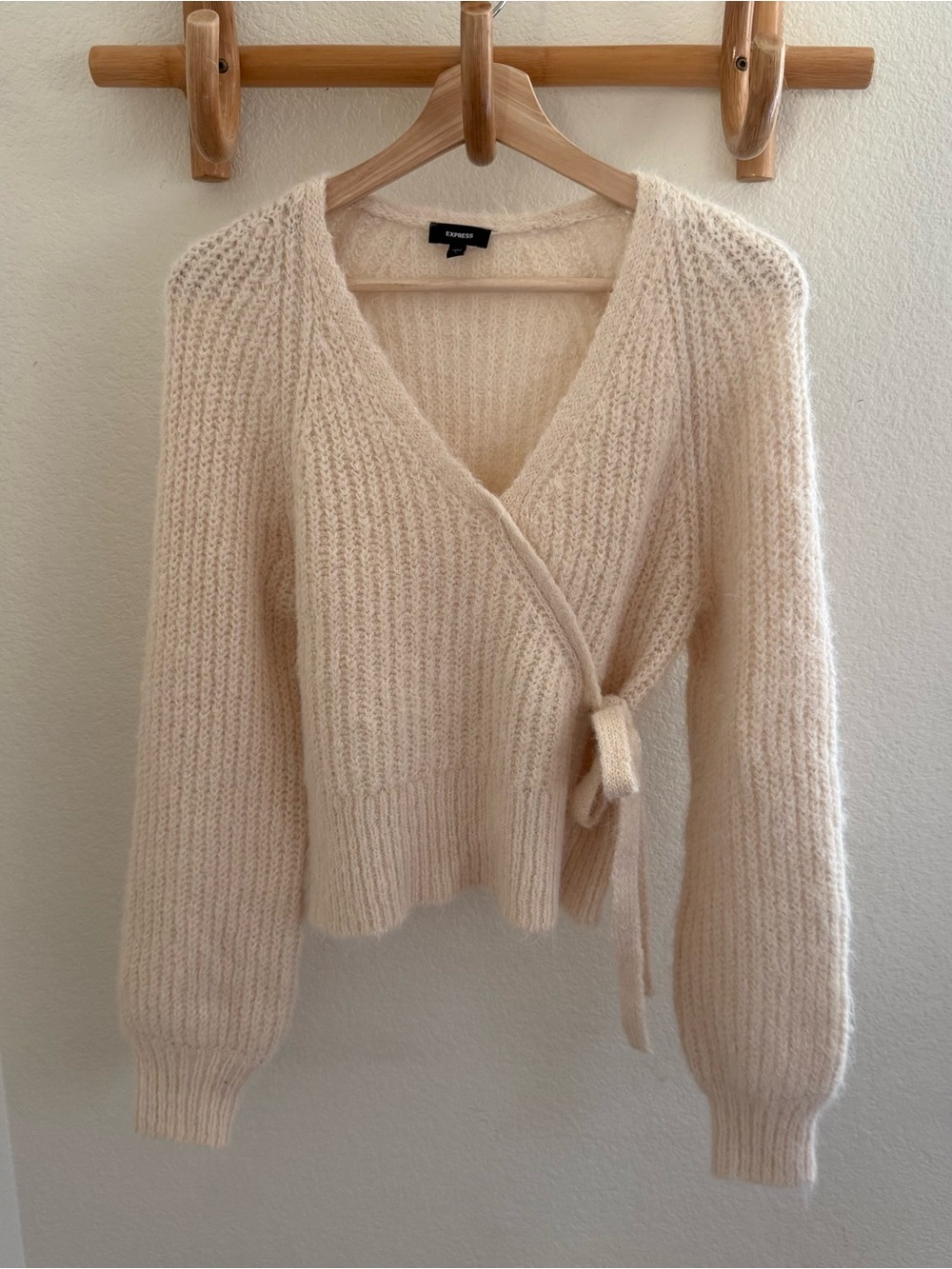 Express minimalist soft girl coquette Fuzzy Ribbed Surplice Tie wrap Sweater